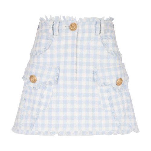 Balmain Button-embellished Frayed Gingham Cotton-blend Tweed Mini Skirt In Blue