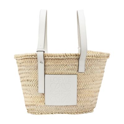 Loewe X Paula's Ibiza Basket Bag In Palm Leaf With Leather Handles In Natural White