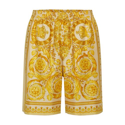 Versace Golden Barocco Print Silk Shorts In Champagne