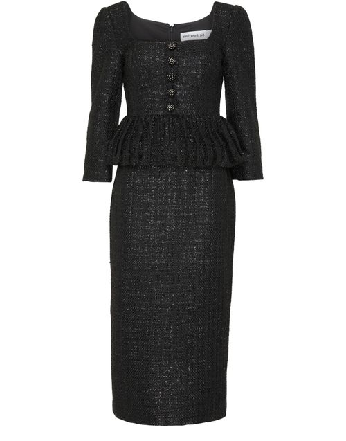 SELF PORTRAIT Black boucle peplum midi dress