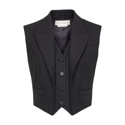 Alexander Mcqueen Paneled Pinstriped Wool Vest In Navy