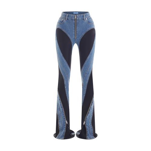 Spiral-pattern, bi-material split jeans