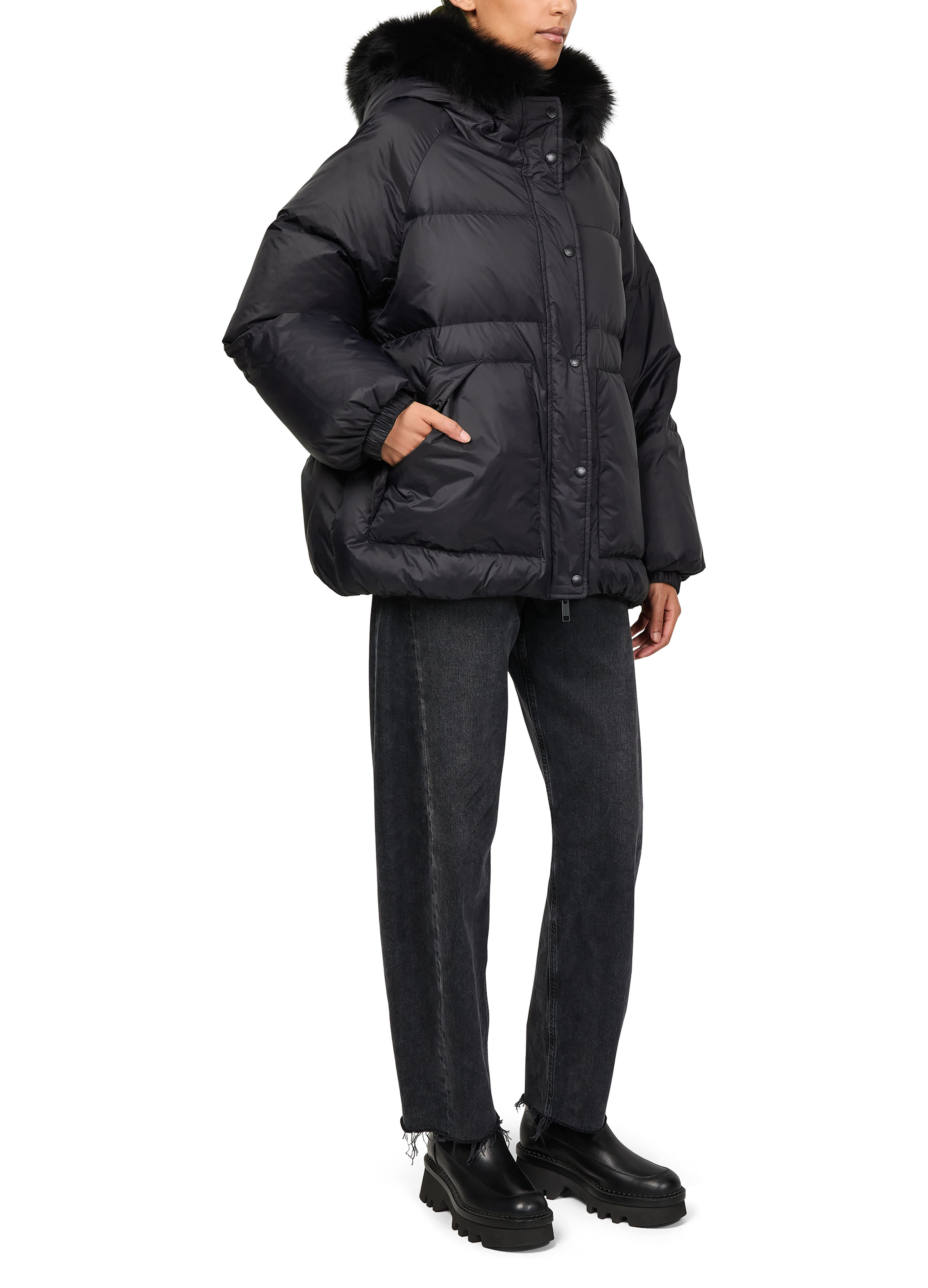 Hooded puffer jacket with a fox fur trim thumbnail 6