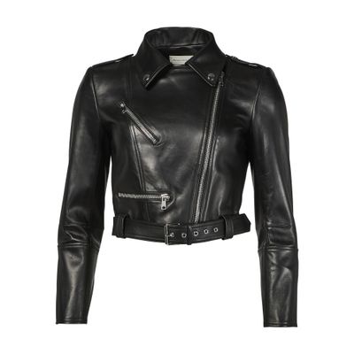 Alexander Mcqueen Black Cropped Biker Jacker With Matching Belt In Smooth Leather Woman In Black