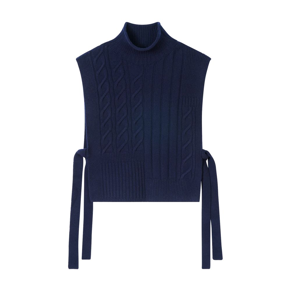 Long belted cable knit bib sweater thumbnail 6