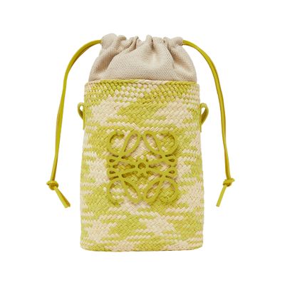 Loewe X Paula's Ibiza Iraca Pocket In Checkered Iraca Palm With Leather Strap In Green