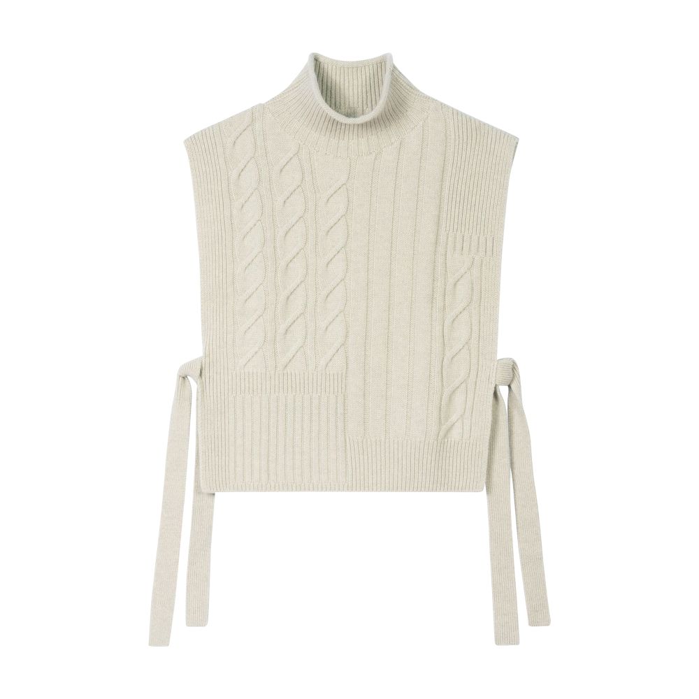 Long belted cable knit bib sweater thumbnail 6
