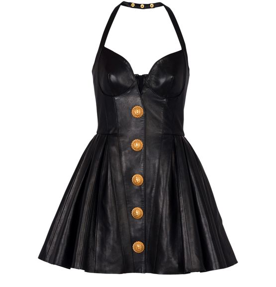 Women s Pleated flared backless leather dress BALMAIN 24S