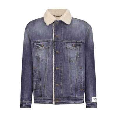 Dolce & Gabbana Buttoned Denim Jacket With Faux Shearling Finish In Multicolor
