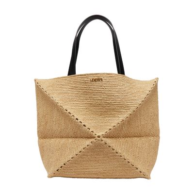 Loewe Paula's Ibiza Puzzle Fold Large Leather-trimmed Raffia Tote Bag In Beige