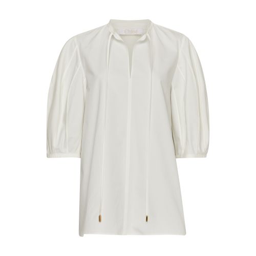 Chloé Cotton Keyhole Puff Sleeve Tie Neck Top In Buttercream