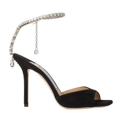 Jimmy Choo Saeda 100 Suede Leather Sand In Black Crystal