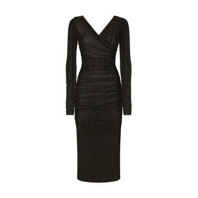 Dolce & Gabbana Tulle Calf-length Dress With Draping And Polka-dot Print In Black