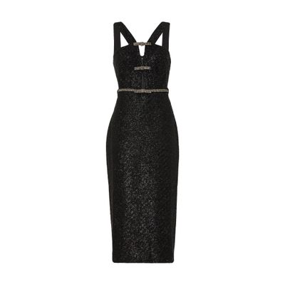 Self-portrait Tinsel Boucle Belted Cutout Midi Dress In Black
