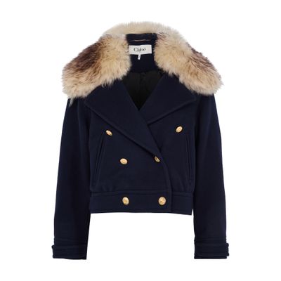 Chloé Crop Double Breasted Coat With Genuine Shearling Collar In Blue