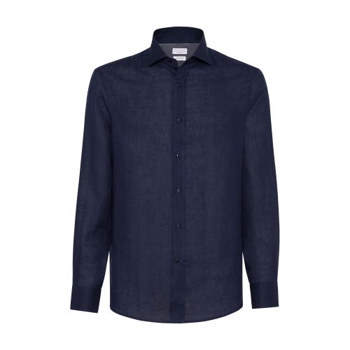 Brunello Cucinelli Men's Linen Easy Fit Shirt With Spread Collar In Bleu_marine