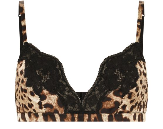 Women's Leopard-print soft-cup satin bra with lace detailing