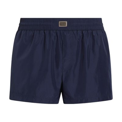 Dolce & Gabbana Short Swim Trunks With Logo Plaque In Blue