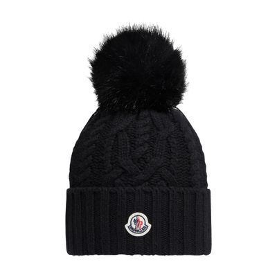 Moncler Damen Schwarz Mütze Mit Logo Und Bommel
