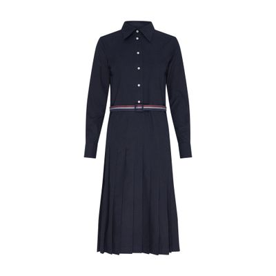Thom Browne Elegant Midi Shirt Dress With Pleated Skirt And Tri-color Belt In Navy