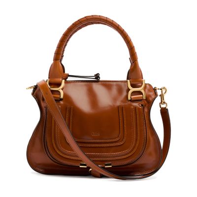 Chloé Marcie Small Double Worn Glossy Leather Bag In Brown