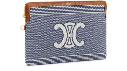 CELINE Small pouch with strap in striped textile with Triomphe