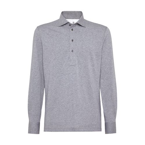 Brunello Cucinelli Men's Cotton Jersey Long Sleeve Basic Fit Polo With Shirt-style Collar In Grey