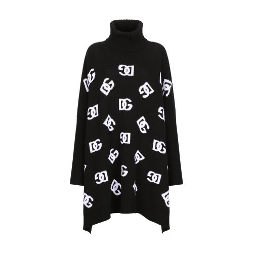Dolce & Gabbana Wool Poncho With Jacquard Dg Logo In Black_white