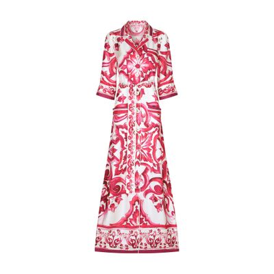 Dolce & Gabbana Maiolica Belted Printed Silk-twill Maxi Shirt Dress In Tris_maioliche_fuxia