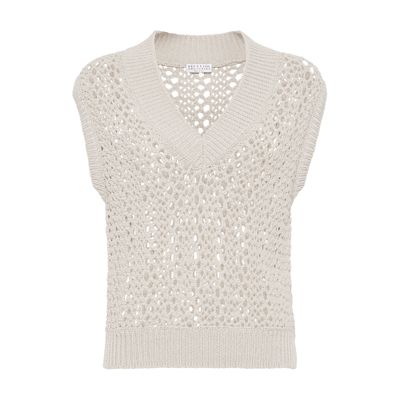 Brunello Cucinelli Open-knit Cotton-blend Sweater Vest In Grey