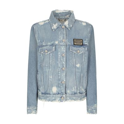 Dolce & Gabbana Logo Plaque Ripped Denim Jacket In Combined_colour