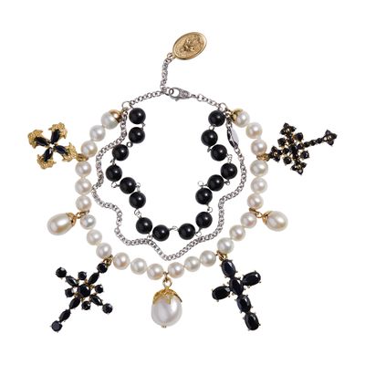 Dolce & Gabbana Yellow And White Gold Family Bracelet With Cblack Sapphire, Pearl And Black Jade Beads In Gold