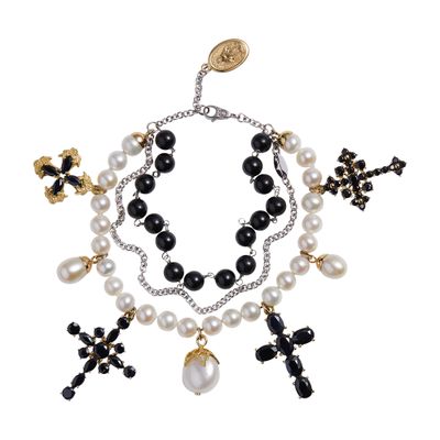 Shop Dolce & Gabbana Yellow And White Gold Family Bracelet With Cblack Sapphire, Pearl And Black Jade Beads