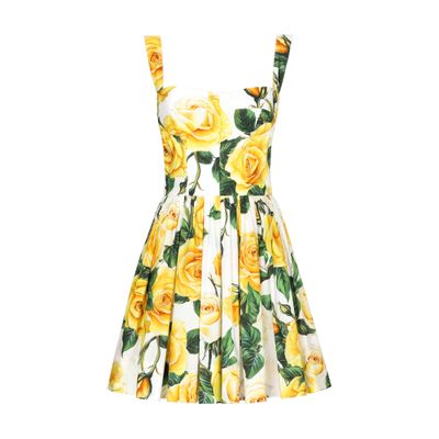 Dolce & Gabbana Rose Print Pleated Poplin Mini Dress In Multicolor