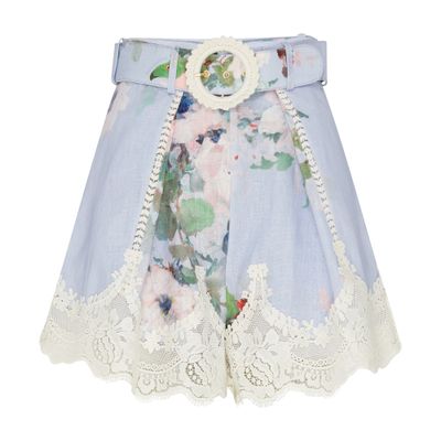 Zimmermann Womens Light Blue Floral Everley Tuck Floral-pattern Linen Shorts In Blue
