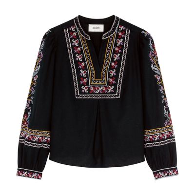 Ba&sh Caloe Round Neck Blue Blouse With All-over Embroidery In Black