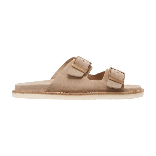 Brunello Cucinelli Men's Beige Suede Leather Sandals With Decorative Buckle Detail In Marron_clair