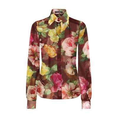Dolce & Gabbana Camicia In Chiffon Stampa Camelia In Multicolor