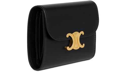 Shop CELINE Triomphe Card holder with flap in shiny calfskin