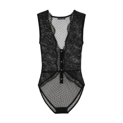 Shop Dolce & Gabbana Lace Bodysuit With Plunging Neckline In Black