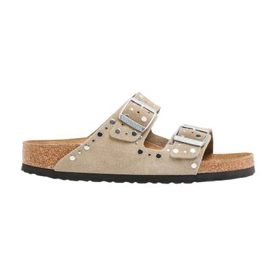 Birkenstock Arizona Rivet Border Taupe Suede Two Bar Mules In Brown