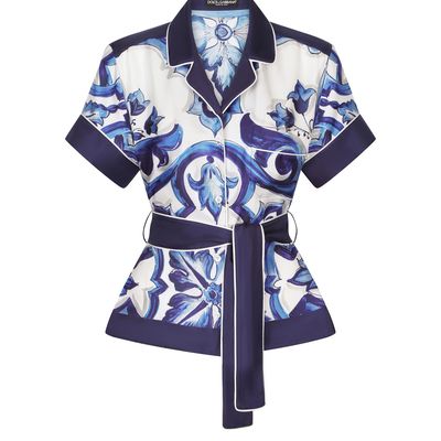 Dolce & Gabbana Majolica-print Twill Shirt With Belt In Tris_maioliche_blu