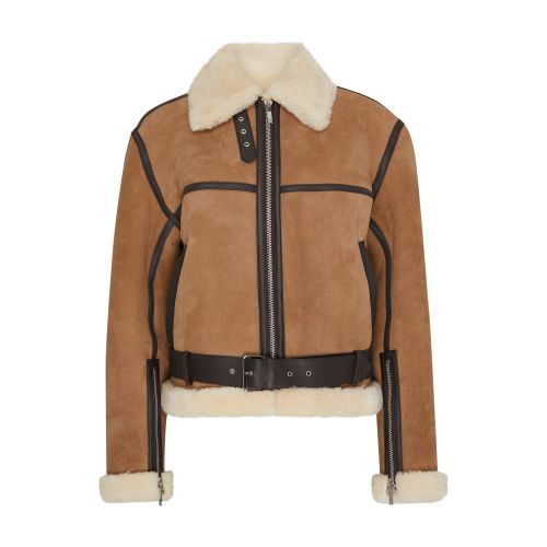 Totême Sheep Shearling Belted Aviator Jacket In Dark_biscuit