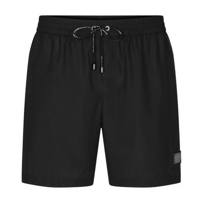 Mid-length swim trunks with branded plate