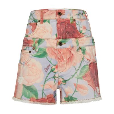 Loewe + Paula's Ibiza Roses Layered Frayed Floral-print Denim Shorts In Pink_red