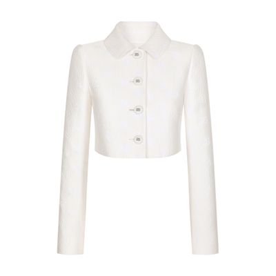 Dolce & Gabbana Short Jacquard Jacket With All-over Dg Logo In Natural White