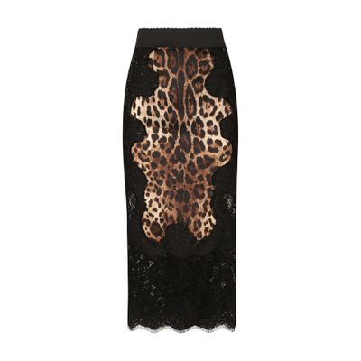 Shop Dolce & Gabbana Leopard-print Satin Midi Skirt With Lace Inserts In Leo New