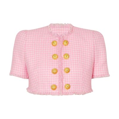 Balmain Vichy Tweed Cropped Jacket In Pink