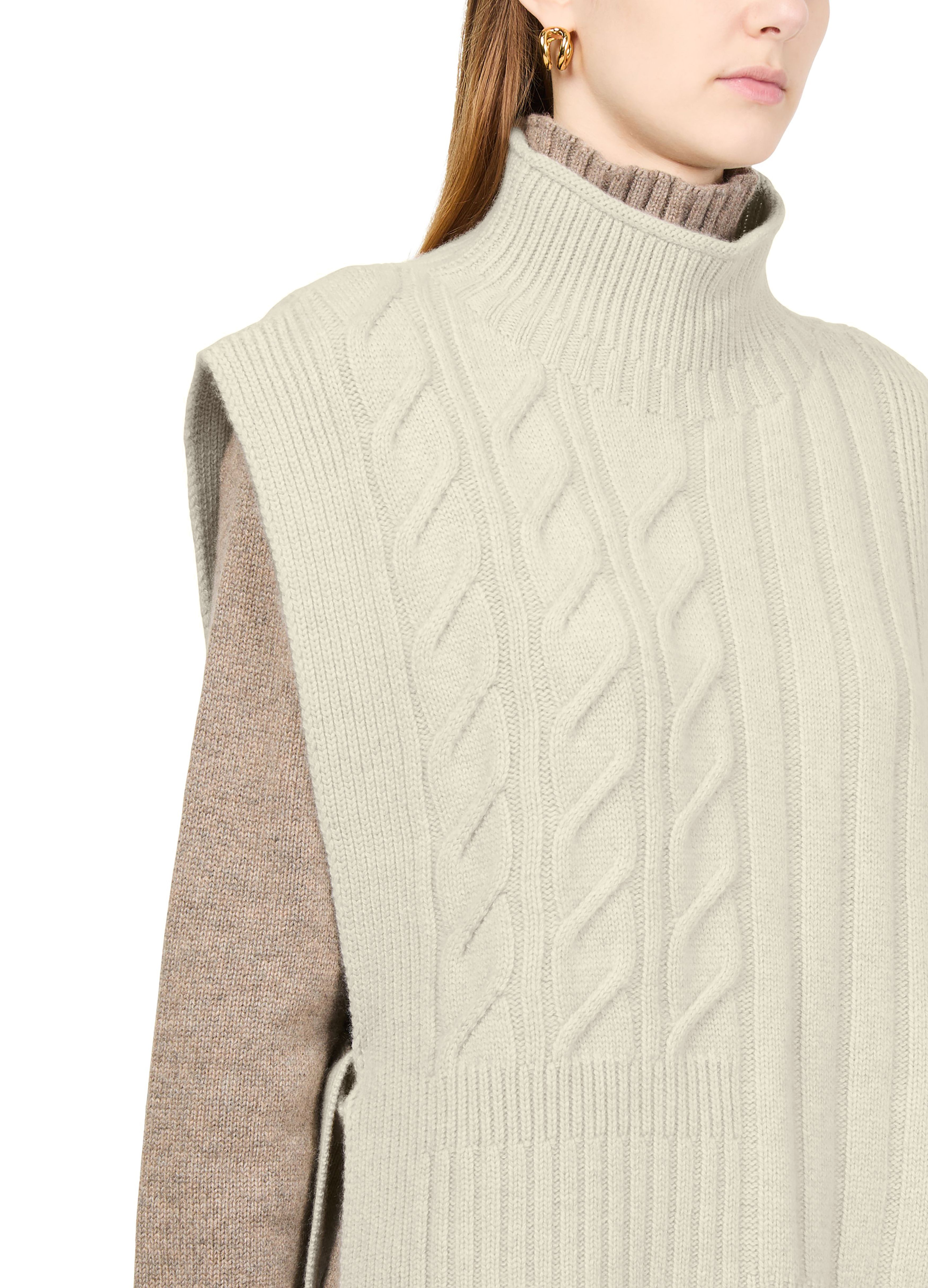 Long belted cable knit bib sweater thumbnail 3